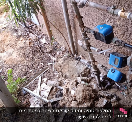 צינורות ומדי מים ליד קיר חיצוני